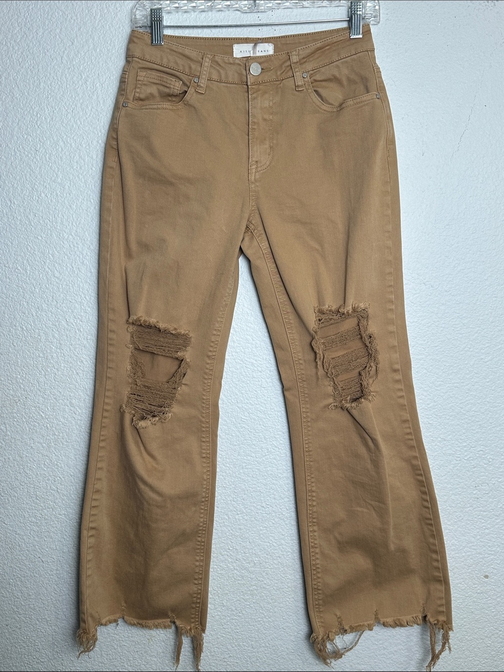 Risen Jeans Womens Distressed Flare Wide Leg Pants Tan Camel Size 1/25 Frayed